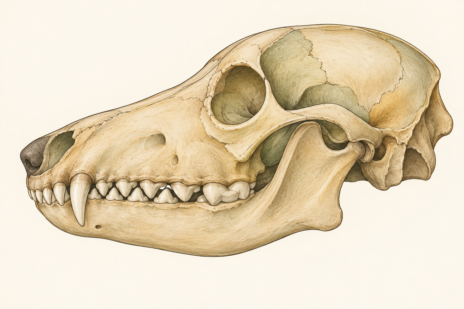 Bočný anatomický pohľad na lebku a dolnú čeľusť psa